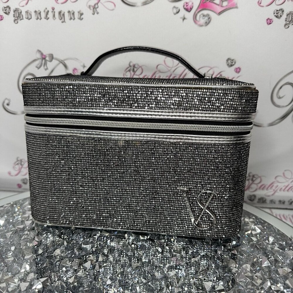 Victoria's Secret Silver Glitter Makeup Bag train case hard silver glitter ✨